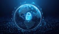 futuristic globe with interconnected nodes and glowing pathways, featuring lock icon, symbolizes global security and connectivity Royalty Free Stock Photo