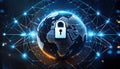 futuristic globe with interconnected nodes and glowing pathways, featuring lock icon, symbolizes global security and connectivity Royalty Free Stock Photo