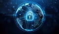futuristic globe with interconnected nodes and glowing pathways, featuring prominent lock icon, symbolizes global security and Royalty Free Stock Photo