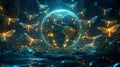 Futuristic Globe Surrounded by Glowing Dragonflies Representing Agile Data Networks in a Bio Dome Backdrop