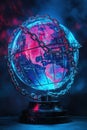 Futuristic Globe, A futuristic globe wrapped in chains representing digital debt, illuminated by a vibrant neon blue light