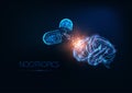 Futuristic gloving low polygonal human brain and medicines capsules on dark blue background.