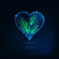 Futuristic glow low poly heart with green leaves. Vegan, nature love zero waste lifestyle concept.