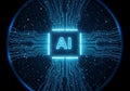 Futuristic glowing AI microchip with luminous circuits and binary code streams, symbolizing AI AGI ASI artificial intelligence Royalty Free Stock Photo