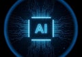 Futuristic glowing AI microchip with luminous circuits and binary code streams, symbolizing AI AGI ASI artificial intelligence Royalty Free Stock Photo