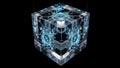 Futuristic glowing blue circuit board patterns etched inside a suspended transparent crystal cube against a deep black background Royalty Free Stock Photo