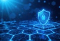 Futuristic Digital Illustration Concept Glowing Shield Padlock Symbol Dark Blue Hexagonal Background Royalty Free Stock Photo