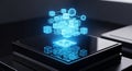 Futuristic glowing blue data cubes and spheres connect above a sleek dark server, representing advanced technology Royalty Free Stock Photo