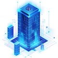 Futuristic glowing blue data server rack with connected nodes and lines Royalty Free Stock Photo