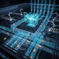 Futuristic glowing blue data streams flowing through a complex digital network infrastructure with robotic arms Royalty Free Stock Photo