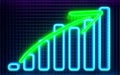 Futuristic glowing blue diagram growth chart with green rising arrow on dark background with blurred reflections Royalty Free Stock Photo