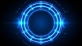 Futuristic glowing blue digital interface circle with light beams and connections Royalty Free Stock Photo