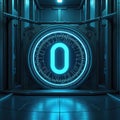 Futuristic glowing blue digital zero displayed on circular interface. Sci-fi scene with modern tech design and lighting. Royalty Free Stock Photo