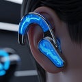 Close up of futuristic glowing blue ear hook headphone design worn securely over the human ear canal Royalty Free Stock Photo