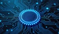 Futuristic glowing blue gear symbol sits on complex circuit board. Tech innovation concept. API integration data flow. Advanced
