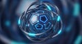 Futuristic glowing blue geometric sphere with orbiting rings representing advanced technology and Royalty Free Stock Photo