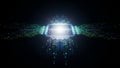 Futuristic glowing blue and green circuit board with a central illuminated processor chip on a dark background Royalty Free Stock Photo