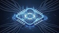 Futuristic glowing blue microchip with intricate circuitry and connected wires representing advanced technology and artificial Royalty Free Stock Photo