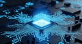 Futuristic Glowing Blue Microchip Processor with Intricate Circuitry and Data Flow computer Royalty Free Stock Photo