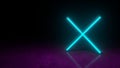 Futuristic glowing blue neon game cross symbol on purple dark background with blurred reflection. 3d render