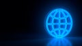 Futuristic glowing blue neon globe sphere symbol on black dark background with blurred reflection. For geography and knowledge.