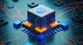 Futuristic glowing blue and orange microprocessor chip on detailed electronic circuit board design Royalty Free Stock Photo