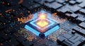 Futuristic glowing blue and orange processor chip on a digital circuit board, tech concept, Royalty Free Stock Photo