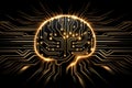 Futuristic Glowing Brain Made of Golden Circuit Patterns. Symbol of Artificial Intelligence, Innovation, and Technology