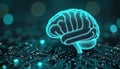 Futuristic glowing brain model sits on digital circuit board. Tech, AI concept. Dynamic design. Illustrates futuristic brain,