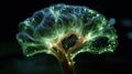 Futuristic glowing brain with neural network connections in vibrant green and blue light Royalty Free Stock Photo