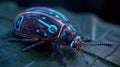 Futuristic glowing bug with bioluminescent patterns, cyber insect macro on leaf in neon light Royalty Free Stock Photo
