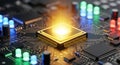 Futuristic glowing central processing unit with blinking led lights on a computer motherboard Royalty Free Stock Photo