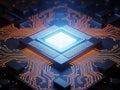 Futuristic glowing central processor unit with intricate circuitry and blue light Royalty Free Stock Photo