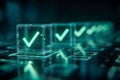 Futuristic glowing check marks inside transparent cubes arranged in a digital sequence symbolizing tasks completion and Royalty Free Stock Photo