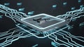 Futuristic glowing circuit board with central processor and data streams Royalty Free Stock Photo