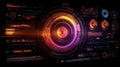 Futuristic Glowing Circular Interface with Data Visualization Elements, Abstract HUD Dashboard Design in Neon Orange and Royalty Free Stock Photo