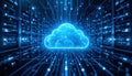 Futuristic Glowing Cloud Circuit Lines Dark Server Room - Cloud Computing Digital Transformation Royalty Free Stock Photo