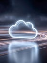 Futuristic glowing cloud shape surrounded by dynamic light trails symbolizing digital data flow and advanced technology concepts Royalty Free Stock Photo