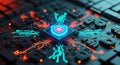 Futuristic glowing computer chip with neon cybernetic humanoid figures and digital circuit patterns Royalty Free Stock Photo