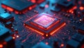 Futuristic glowing CPU on circuit board. Hi-tech microchip processor close-up shows complex data processing, advanced computing Royalty Free Stock Photo
