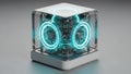 Futuristic Glowing Cube with Blue Light Effects, a Transparent Design on a Grey Background, Sci-Fi Technology Royalty Free Stock Photo