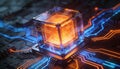 Futuristic glowing cube processor on a circuit board with blue and orange lights Royalty Free Stock Photo