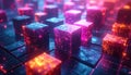 Futuristic glowing cubes with digital data patterns in a neon grid landscape abstract background Royalty Free Stock Photo