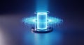 Futuristic glowing cylindrical device with digital circuitry on dark background Royalty Free Stock Photo