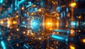 Futuristic glowing data core with blue and orange energy circuits. Royalty Free Stock Photo