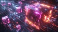 Futuristic glowing data cube in a digital realm showcasing technological innovation and cyber energy