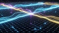 Futuristic glowing data lines flowing across digital grid with particles in motion Royalty Free Stock Photo