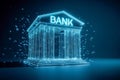Futuristic glowing digital bank building with classical columns surrounded by vibrant particles symbolizing advanced financial Royalty Free Stock Photo