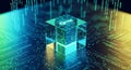 Futuristic glowing digital cube representing blockchain technology and secure data encryption concepts Royalty Free Stock Photo
