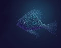 Futuristic glowing, digital fish isolated on a dark blue background. Oceanarium, marine science concept. Modern graphic